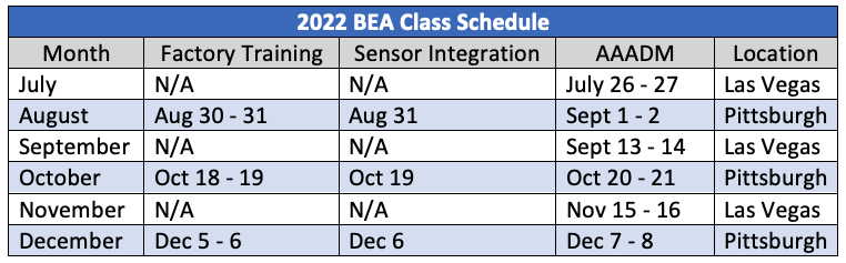2022 BEA Training Schedule